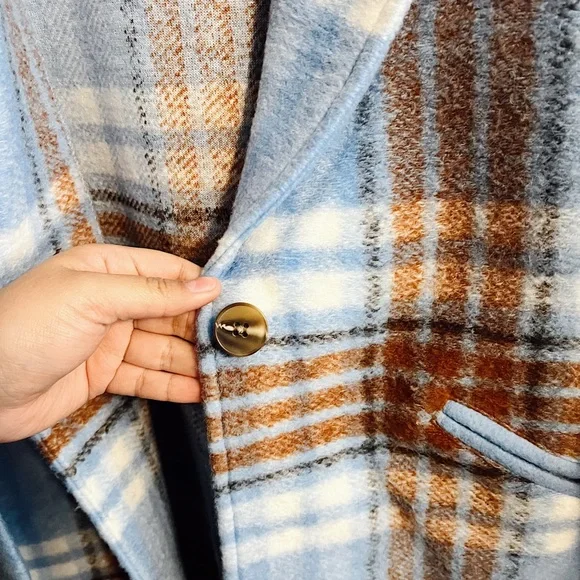 Rachel Zoe Light Blue Plaid Wool-Blend Trench Coat - Picture 4 of 9